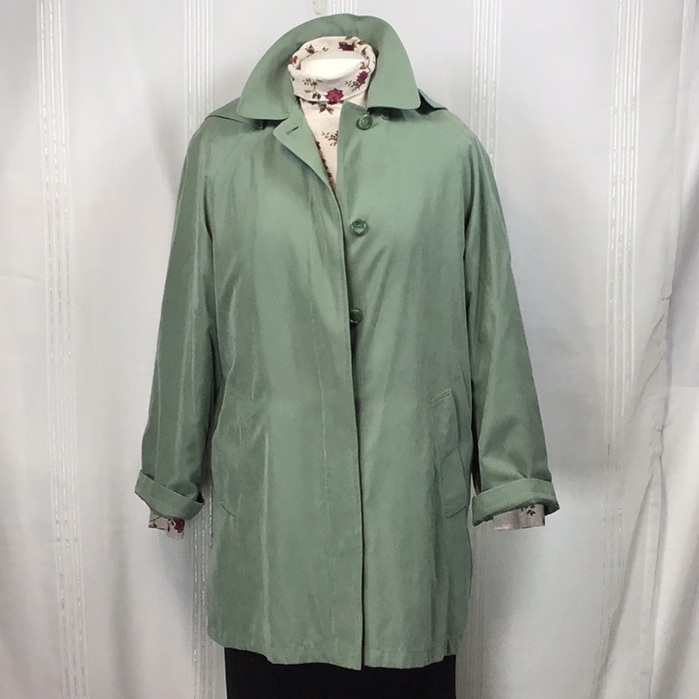 ☔️ London Fog Sage/Mint Rain Hoodie Trench Coat Jacket with Pockets Sz.M